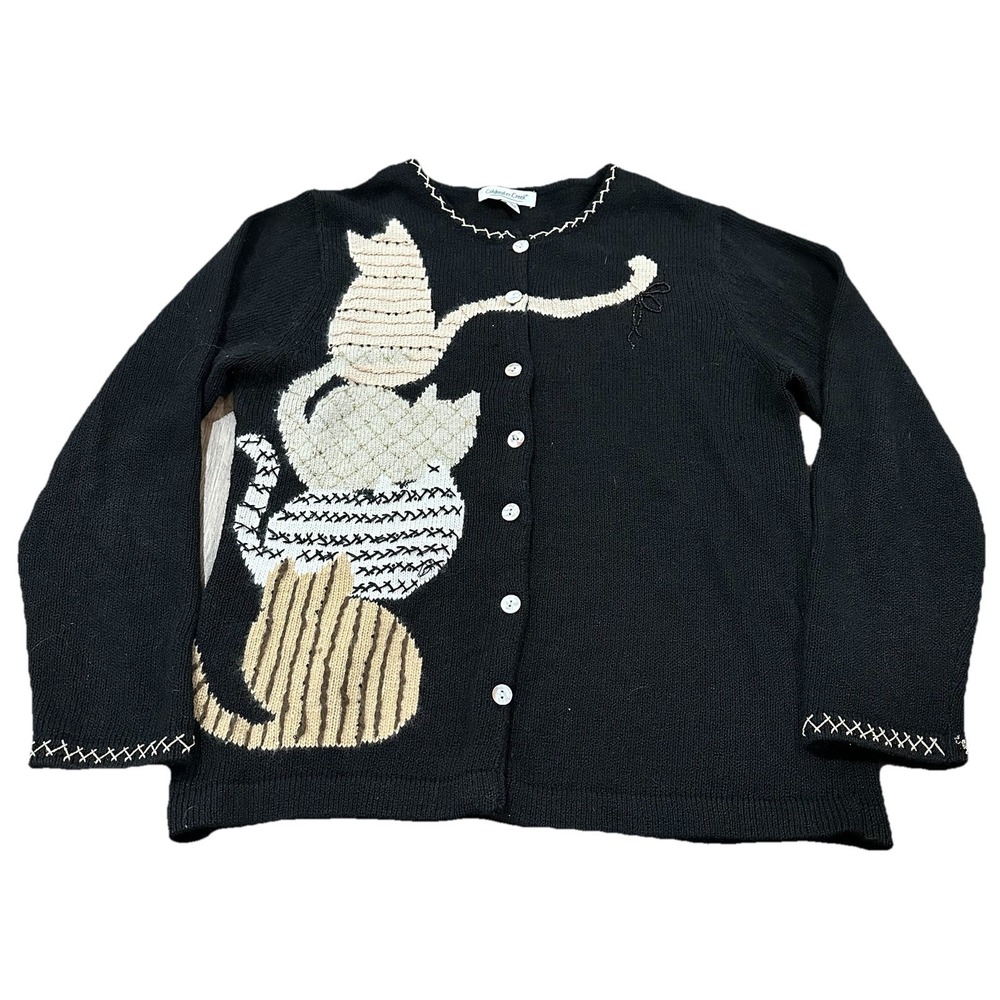 Vintage Coldwater Creek Cats Black Sweater Sitting  Cats Women's Size Large